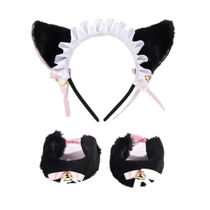 Detail of plush cat ear headband with pink bell bows and lace wristbands set