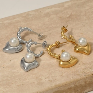 316 stainless steel heart pearl earrings with textured branch hooks in gold and silver