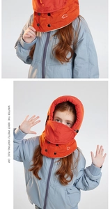 Detail view of bright orange winter hooded neck warmer with Sport logo and adjustable drawstring