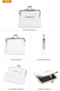 Detailed views of a white crocodile texture coin purse with gold metal clasp closure