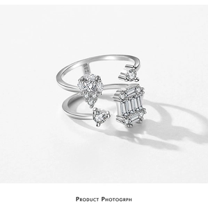 Detailed close-up of S925 sterling silver ring with multi-shape cubic zirconia stones