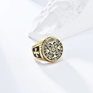 Vintage Saint Benedict gold exorcist cross ring with black enamel religious engraving