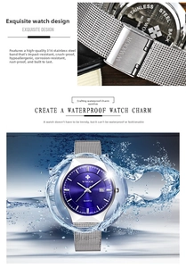Detail showing the waterproof quartz watch with blue sunray dial and mesh steel band