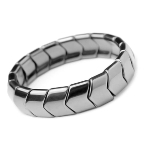 Polished hematite arrow link bracelet in dark grey finish on a white background