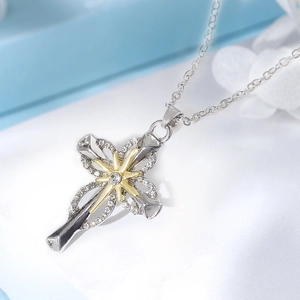 Double layered gold and silver cross necklace with star pendant and sparkling rhinestones