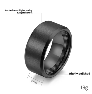 Detail view of 10mm wide black tungsten ring with brushed surface and polished edges