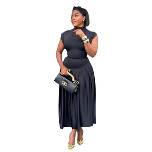 Elegant sleeveless high-neck top and pleated skirt set for women in solid black