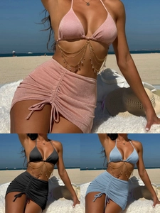 Women Sexy Halter Bikini Top Bottom And Drawstring Ruched Skirt Shimmer Fabric Gold Tone Body Chain Rhinestone Pendants