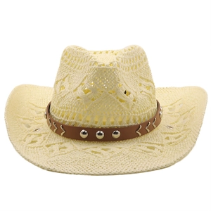 Chapeau de paille de cowboy pour protection solaire avec ruban cuir et clous métal