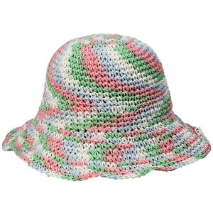 Handmade colorful crochet straw sun hat with pastel spiral patterns for beach vacations