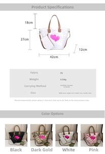 Detailansicht des gesteppten Shopper-Sets mit Herzanhängern und genauen Maßangaben
