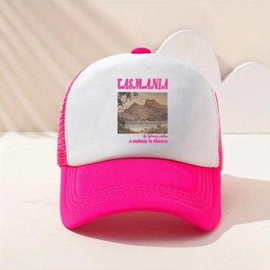 Close-up of pink trucker hat with Tasmania scenic print and breathable mesh back