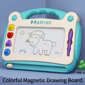Children's magnetic drawing board with four stamps and stylus on a blue-beige frame