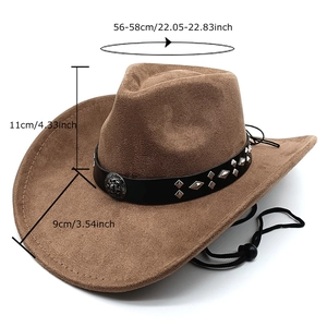 Brown faux suede western cowboy hat with metal sun flower stud and size dimensions