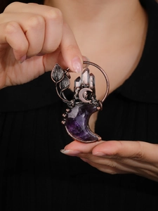 Handmade vintage copper pendant with amethyst crescent moon and clear crystal cluster