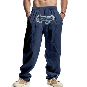 Dunkelblaue Herren-Freizeithose mit Kordelzug und markantem Motorcycle-Print