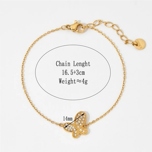 Elegant gold stainless steel butterfly bracelet with sparkling white rhinestones