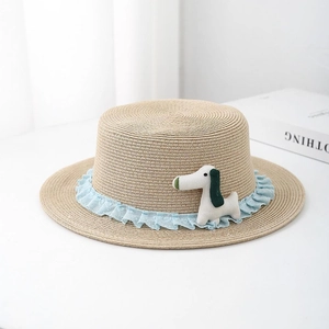 Elegant straw boater hat with light blue lace trim and a cute puppy plush accessory