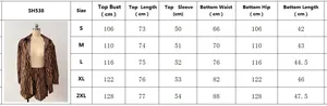 Tableau des tailles avec mesures du buste et de la longueur pour l'ensemble zébré femme