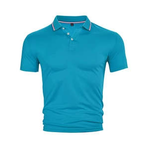 Detailed close-up of blue polo shirt neckline with three buttons and size tag