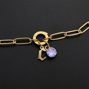 Detailed view of titanium steel necklace with lowercase letter c and purple crystal pendants