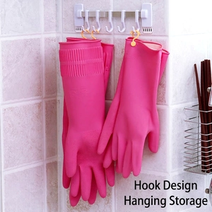 Pink latex cleaning gloves with built-in hooks for easy drying and kitchen storage