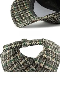 Detail of vintage houndstooth baseball cap featuring stitch craft and metal buckle