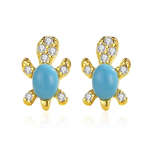 S925 sterling silver turtle stud earrings with sky blue zircon and gold plating