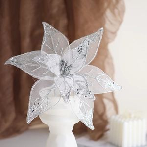 Silver 26cm glitter mesh artificial flower decor on a white base for Christmas tree