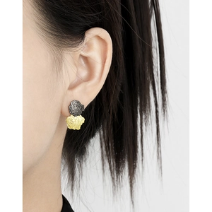 Minimalist S925 sterling silver geometric stud earrings with black and gold textured finish