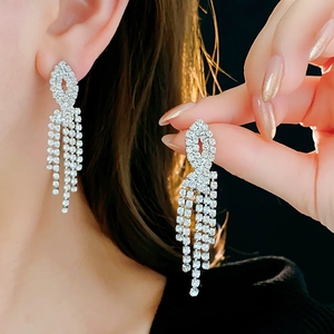 Detail of silver tassel earrings with sparkling rhinestones worn by a fashion model