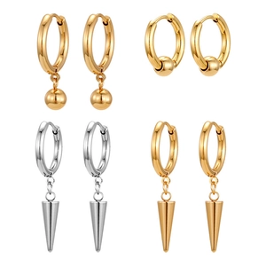 Stainless Steel Hoop Earrings With Cone And Round Ball Pendants Punk Hip Hop Geometric Jewelry Unisex