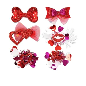Valentine's Day Heart Hair Clips Red Glitter Sequin Mesh Bow Hairpins Cupid Arrow Lips Design For Party Romantic Dating