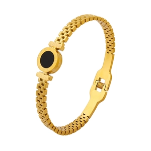 18K gold plated stainless steel bangle with Roman numerals and black acrylic ring detail