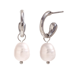 Silver-finish C-shape hoop earrings with white freshwater pearl pendants on white background