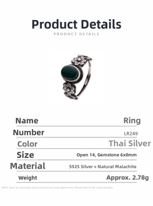 Detailed view of S925 sterling silver ring with natural malachite and sunflower patterns