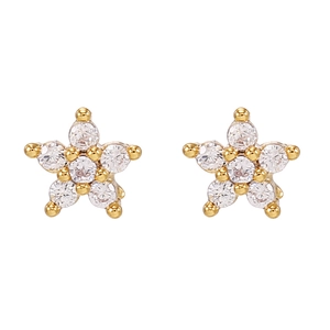 Close-up of 18K gold star stud earrings featuring sparkling white zircon stones