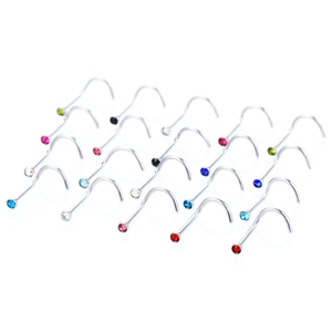 Set of 20 stainless steel nose studs with colorful rhinestones on a white background