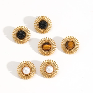 Boucles d'oreilles tournesol en acier avec œil de tigre, perles et perles noires