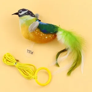 Electric chirping bird cat toy with colorful plush fabric and fluffy feather tail