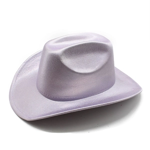 Detail showing lilac metallic cowboy hat with satin finish and structured wide brim