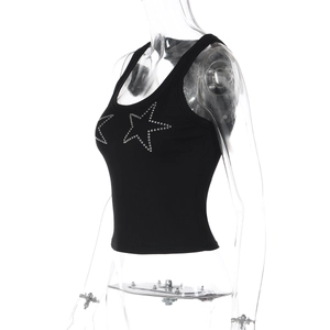 Detail of black ribbed cotton tank top with sparkling rhinestone star patterns on the side