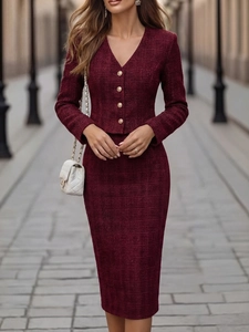 Elegant Burgundy Tweed V-Neck Long Sleeve Jacket And High Waist Midi Pencil Skirt Slim Fit Office Lady Professional Suit