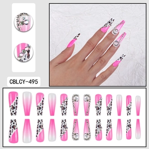 Pink leopard print press-on nails with rhinestones and long coffin shape full set