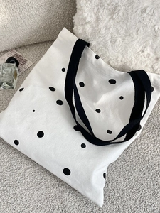 Polka Dot Canvas Tote Bag Large Capacity Casual Shoulder Handbag Minimalist Shopping Bag For Women Students