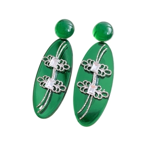 Boucles d'oreilles vintage en résine verte avec motifs floraux argentés et cristaux