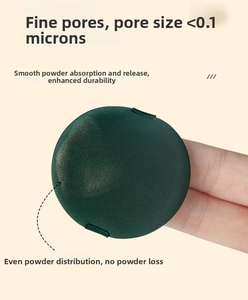 Macro detail of dark green cushion puff showing ultra-fine pores and finger strap