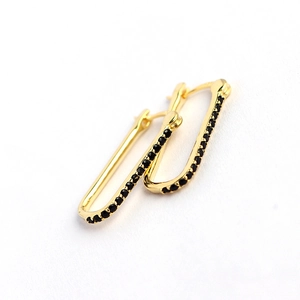 Minimalist S925 sterling silver geometric rectangular gold hoop earrings with black stones