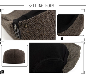 Detailed view of brown tweed flat cap featuring adjustable metal buckle and thick lining