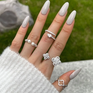 925 Sterling Silver Ring For Women Shell Artificial Pearl Zircon Four Leaf Clover Open Adjustable Elegant Fashion Jewelry Accessory
